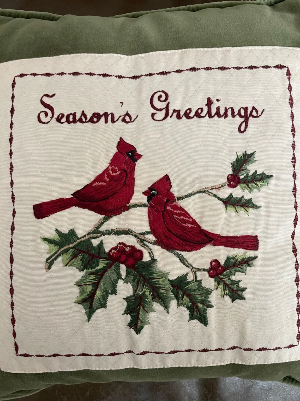Green Velvet Green “Season’s Greeting”  Cardinal Holiday Throw Pillow 12”X12”